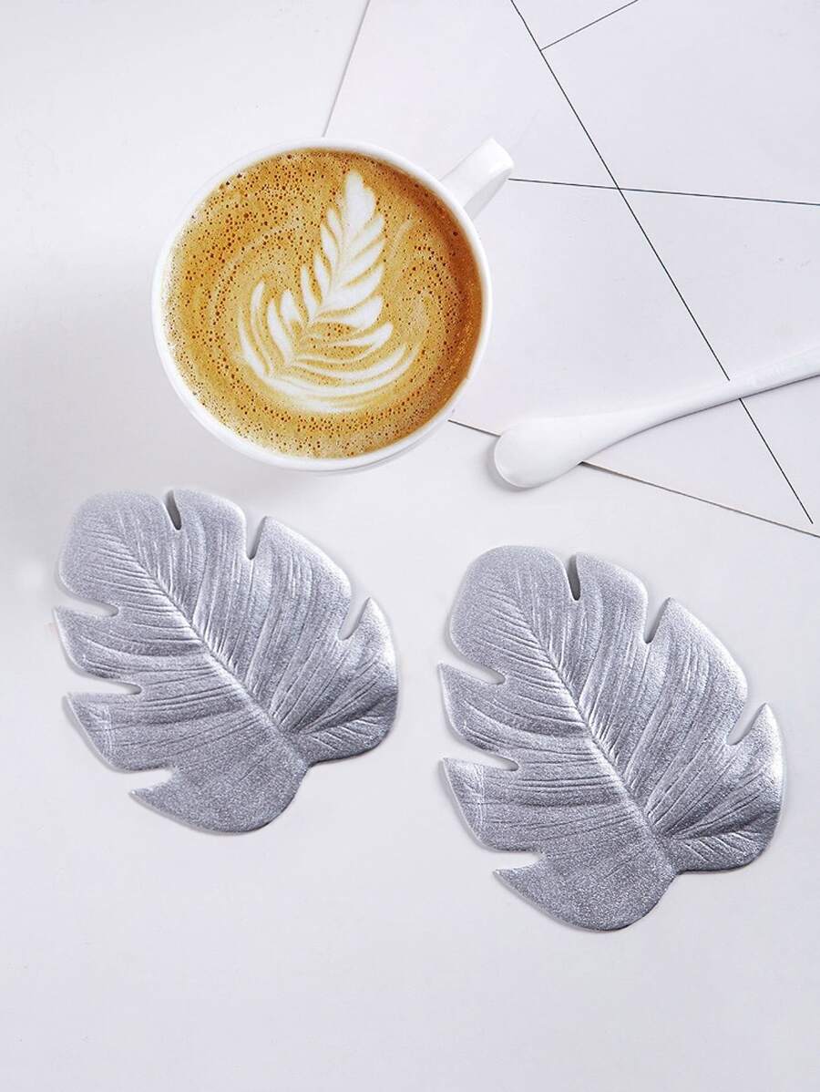1pc PS Coaster, Modern Leaf Shaped Anti-slip Coaster For Dining Table - Silver - View 1
