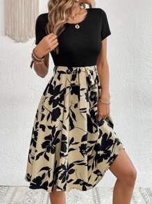 SHEIN Clasi Floral Print Belted Dress - Khaki - View 1