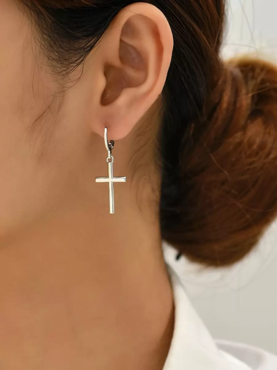 十字架吊坠耳环 - 銀色 - 查看 1
