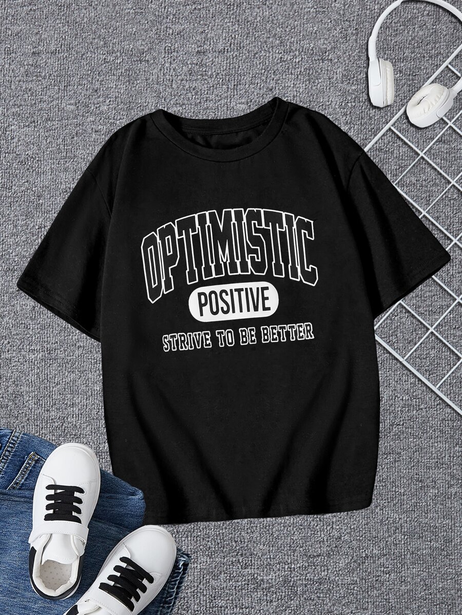 SHEIN Tops con trai Lá thư Giải trí - màu đen - Xem 1