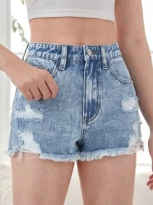 SHEIN 青少年女孩破洞毛邊牛仔短褲 - 淺色水洗藍 - 查看 1