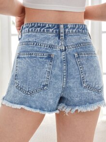 SHEIN 青少年女孩破洞毛邊牛仔短褲 - 淺色水洗藍 - 查看 2