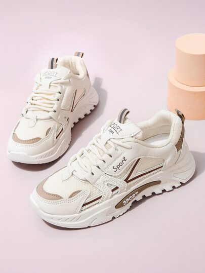 Women Beige Letter Graphic Sporty Shoes, Ideal With Hoodie Mesh Panel Chunky Sneakers