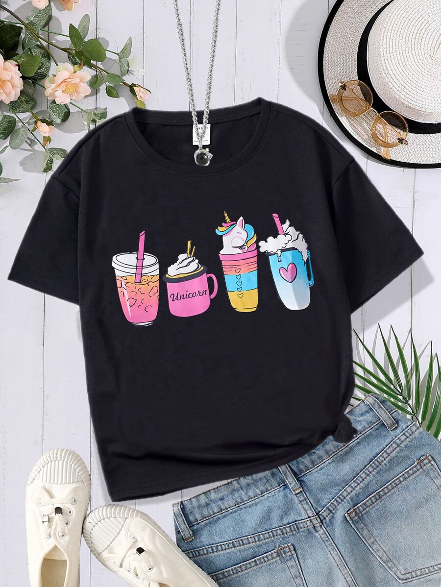 年輕女孩獨角獸和字母圖案t恤 - 黑色 - 查看 1