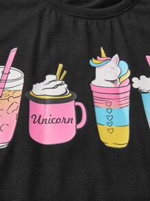 年輕女孩獨角獸和字母圖案t恤 - 黑色 - 查看 3