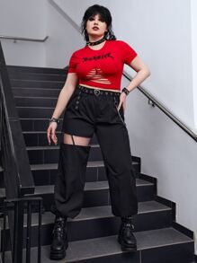 ROMWE Grunge Punk Pantalones con abertura con diseño de cadena - Negro - Ver 3