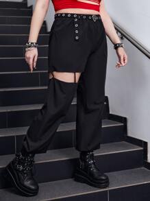 ROMWE Grunge Punk Pantalones con abertura con diseño de cadena - Negro - Ver 5