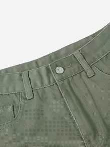 ROMWE Fairycore 蘑菇刺繡牛仔短褲 - 軍綠色 - 查看 4
