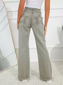 SHEIN Frenchy Ficka Knapp Sömnlös Nederkant Dragkedja Enkel Jeans - Armé Grön - Visa 1