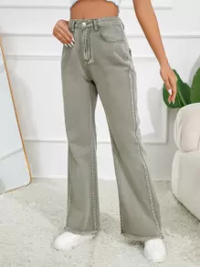 SHEIN Frenchy Ficka Knapp Sömnlös Nederkant Dragkedja Enkel Jeans - Armé Grön - Visa 2