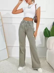 SHEIN Frenchy Ficka Knapp Sömnlös Nederkant Dragkedja Enkel Jeans - Armé Grön - Visa 5