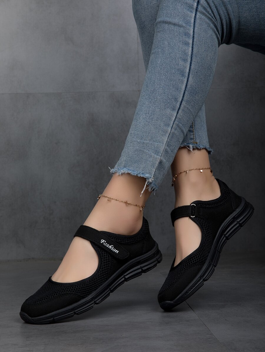 女士透氣字母細節魔術貼休閒時尚黑色一腳蹬鞋 - 黑色 - 查看 1