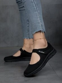 女士透氣字母細節魔術貼休閒時尚黑色一腳蹬鞋 - 黑色 - 查看 2