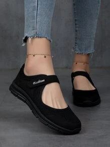 女士透氣字母細節魔術貼休閒時尚黑色一腳蹬鞋 - 黑色 - 查看 3