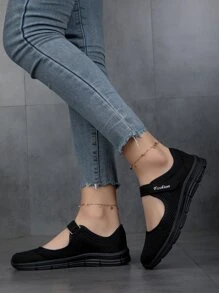 女士透氣字母細節魔術貼休閒時尚黑色一腳蹬鞋 - 黑色 - 查看 4