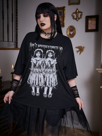 Goth Camiseta de hombros caídos con estampado de figura