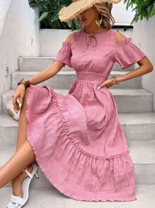 SHEIN Holidaya Tie Neck Cold Shoulder Ruffle Hem Dress - Pink - View 1