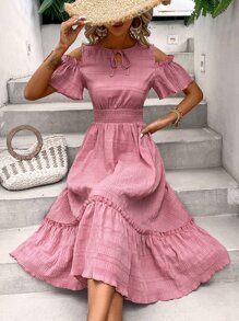 SHEIN Holidaya Tie Neck Cold Shoulder Ruffle Hem Dress - Pink - View 3
