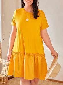 SHEIN LUNE Plus Solid Frill Trim Smock Dress - Yellow - View 1