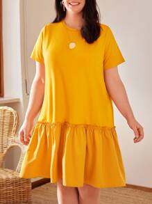 SHEIN LUNE Plus Solid Frill Trim Smock Dress - Yellow - View 5