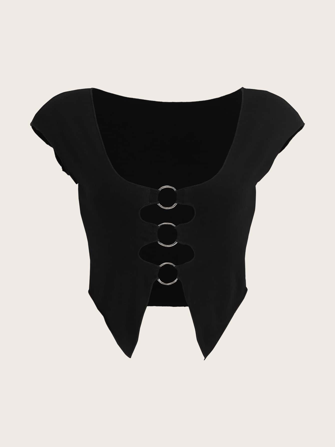 SHEIN ICON O-ring Cut Out Crop Tee - Black - View 1