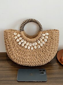 SHIMEINI 2025 New Fashion Hollow Straw Bag, Handwoven Half-Circle Handbag, Suitable For Beach Vacation, Daily Use, Travel, Festivals, Dates, Gifts For Women