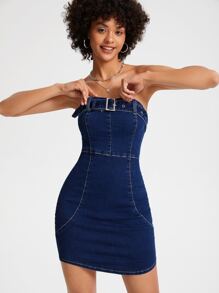 Isabella Burgio Váy denim nữ Thắt lưng Dây kéo Thùa khuyết màu trơn Gợi cảm - Rửa tối - Xem 1