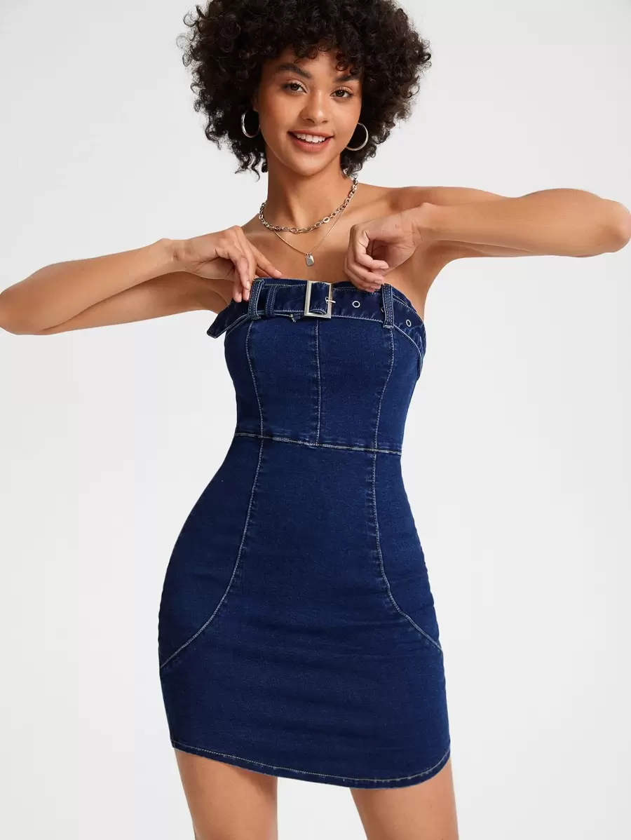 Isabella Burgio Váy denim nữ Thắt lưng Dây kéo Thùa khuyết màu trơn Gợi cảm - Rửa tối - Xem 1