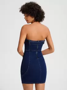 Isabella Burgio Váy denim nữ Thắt lưng Dây kéo Thùa khuyết màu trơn Gợi cảm - Rửa tối - Xem 2