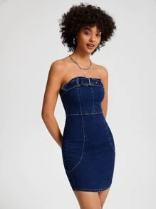 Isabella Burgio Váy denim nữ Thắt lưng Dây kéo Thùa khuyết màu trơn Gợi cảm - Rửa tối - Xem 5