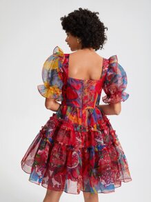 SHAQUITA GARCIA 设计师花卉印花方领泡泡袖荷叶边欧根纱优雅连衣裙，适合度假 - 彩色 - 查看 2