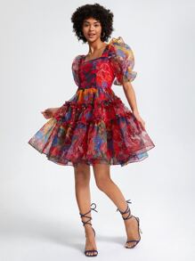 SHAQUITA GARCIA 设计师花卉印花方领泡泡袖荷叶边欧根纱优雅连衣裙，适合度假 - 彩色 - 查看 3