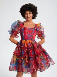 SHAQUITA GARCIA 设计师花卉印花方领泡泡袖荷叶边欧根纱优雅连衣裙，适合度假 - 彩色 - 查看 5