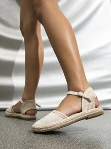 女士草編鞋底踝帶度假編織鞋