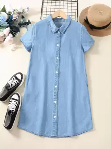 Girls Button Front Denim Shirt Dress - Light Wash - View 3