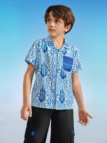 AQUAMAN X SHEIN Tween Boy Allover Print Patch Pocket Shirt - Blue and White - View 1