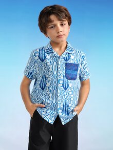 AQUAMAN X SHEIN Tween Boy Allover Print Patch Pocket Shirt - Blue and White - View 3