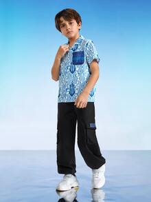 AQUAMAN X SHEIN Tween Boy Allover Print Patch Pocket Shirt - Blue and White - View 4