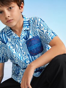 AQUAMAN X SHEIN Tween Boy Allover Print Patch Pocket Shirt - Blue and White - View 6