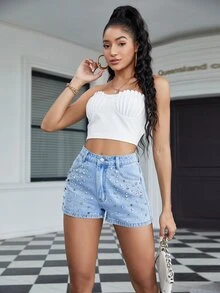 水鑽串珠牛仔短褲 - 淺色水洗藍 - 查看 5