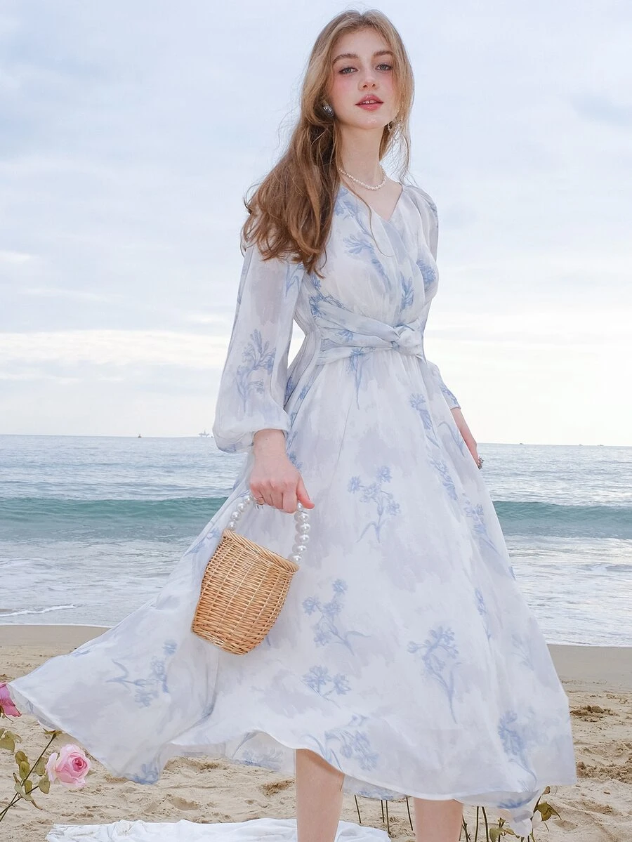 印花前扭結燈籠袖連衣裙 - 藍色 - 查看 1