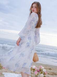 印花前扭結燈籠袖連衣裙 - 藍色 - 查看 2