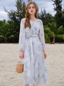 印花前扭結燈籠袖連衣裙 - 藍色 - 查看 9