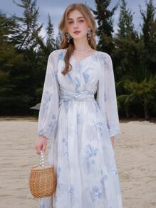 印花前扭結燈籠袖連衣裙 - 藍色 - 查看 11