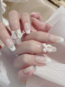 轉換你指甲片帶24入組長款棺材白色法語花綁結蝴蝶結裝飾假指甲和1張膠帶和1入組指甲銼適合女士和女孩 - 彩色 - 查看 1