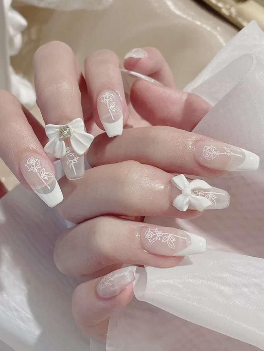 轉換你指甲片帶24入組長款棺材白色法語花綁結蝴蝶結裝飾假指甲和1張膠帶和1入組指甲銼適合女士和女孩 - 彩色 - 查看 1