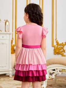 SHEIN Toddler Girls Two Tone Ruffle Trim Layer Hem Belted Dress - Multicolor - View 2