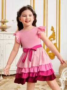 SHEIN Toddler Girls Two Tone Ruffle Trim Layer Hem Belted Dress - Multicolor - View 1