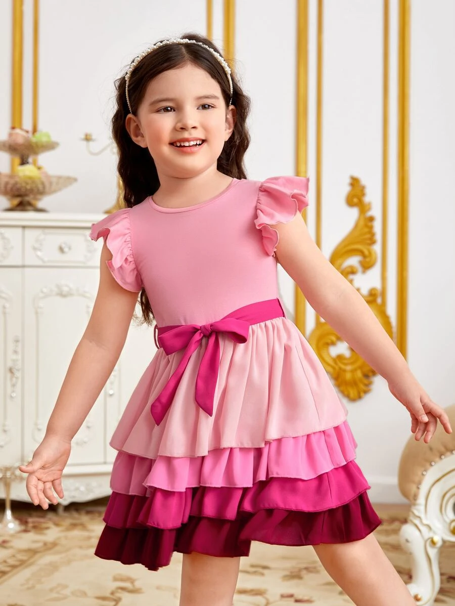 SHEIN Toddler Girls Two Tone Ruffle Trim Layer Hem Belted Dress - Multicolor - View 1