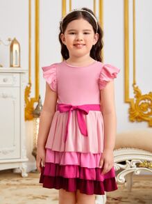 SHEIN Toddler Girls Two Tone Ruffle Trim Layer Hem Belted Dress - Multicolor - View 7